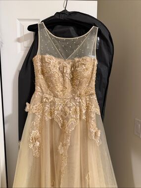 Rickie Freeman for Teri Jon Gold Illusion Neckline Lace Appliqué Wedding Dress